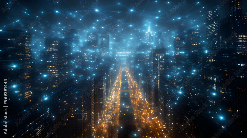 Poster a futuristic cityscape illuminated by lights and connected by a network of digital nodes.