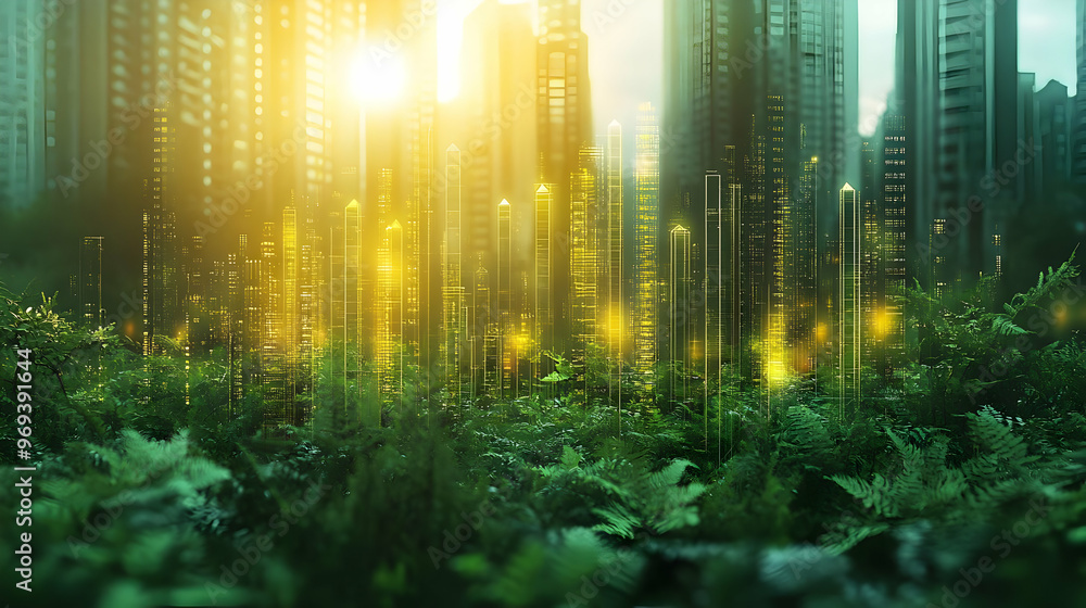 Wall mural A futuristic cityscape merging nature with urban elements, featuring lush greenery and glowing lights.