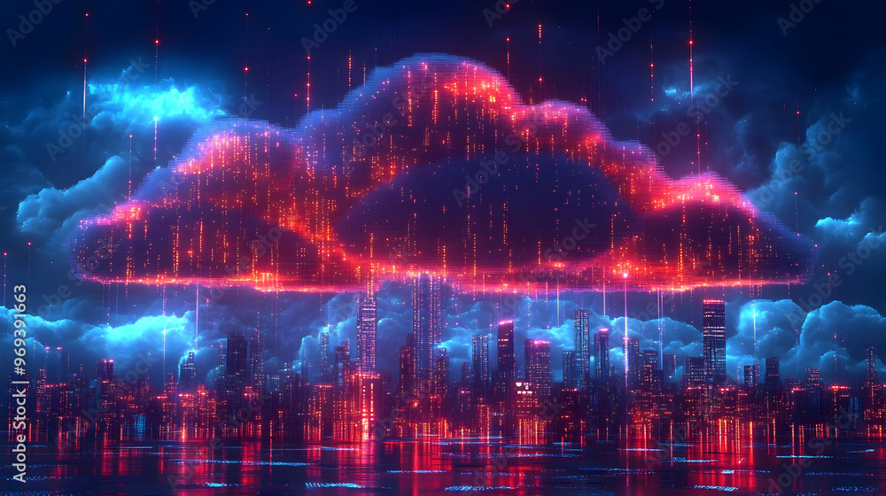 Aufkleber a futuristic cityscape under a glowing digital cloud with cascading data streams.