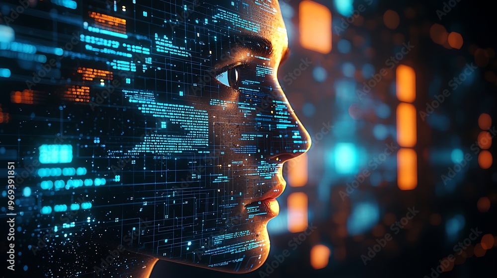 Poster a digital human face, embedded with circuitry, emerges from layers of code, bridging man and machine