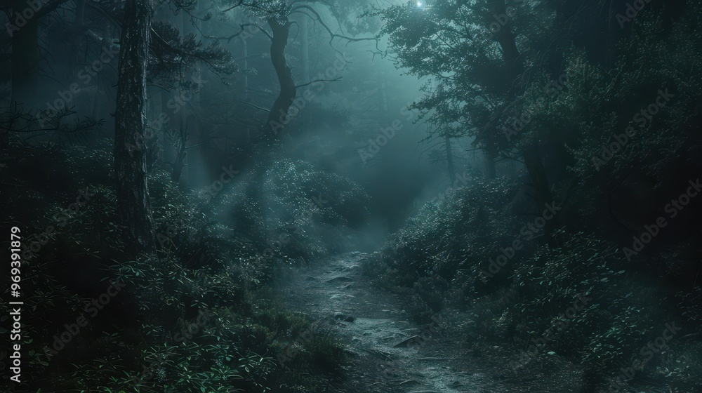 Poster a dark forest with a path through it