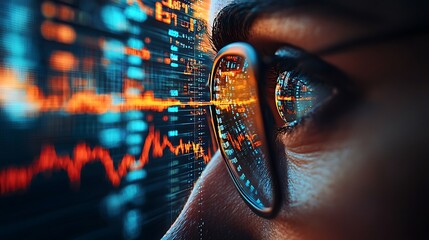 A close-up of an eye reflects stock market data, the glasses amplifying the numbers and trends.