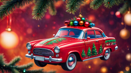 A New Year's toy red car hangs on a branch of the New Year tree. christmas holiday concept	
