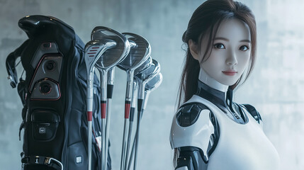 A sleek female robot carrying a golf bag with clubs, showcasing advanced technology and futuristic sports in a modern setting.