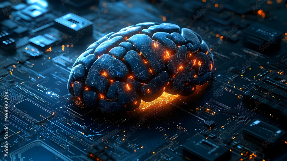 Poster a futuristic depiction of a brain integrated with a circuit board, symbolizing ai and technology.