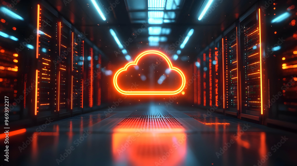 Poster a futuristic data center featuring a glowing cloud symbol, representing cloud computing.