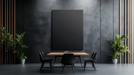 Modern office interior with a large black , wooden table, and stylish chairs surrounded by greenery.