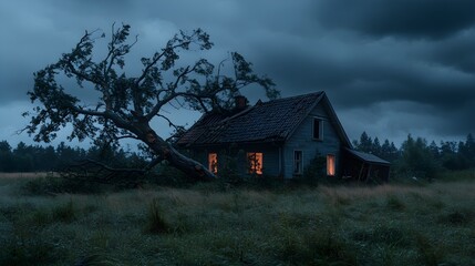 Fototapeta premium A hidden house engulfed by a huge fallen tree, with broken branches and damaged roof, set against a stormy sky in the aftermath of a powerful storm
