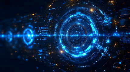 A futuristic digital design featuring glowing blue circles and lines, suggesting technology.