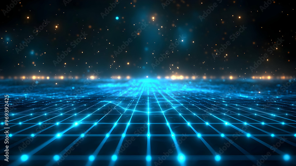 Poster a futuristic digital landscape with a grid and glowing particles.