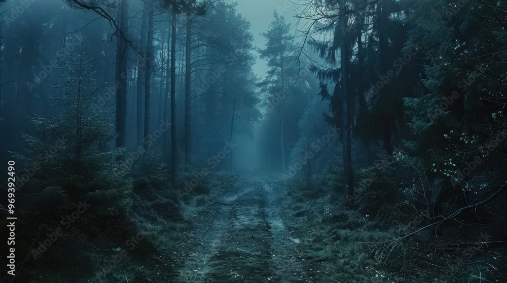 Poster a forest path is shown in the dark with trees in the background