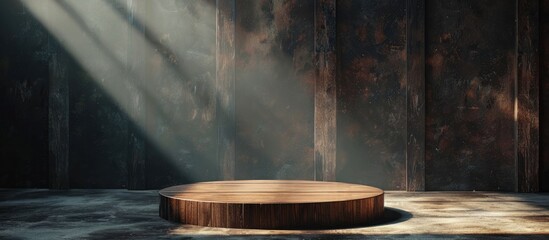 Dramatic illuminated wooden podium on a minimalist dark studio set creating a prestigious and impactful stage for a high end product launch important event or distinguished accolade  The simple