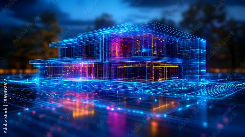 Poster a futuristic digital representation of a house with neon lights and grid patterns.