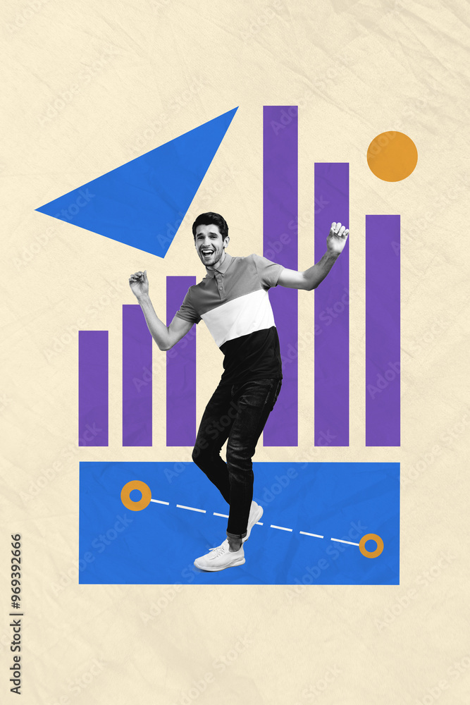 Aufkleber Composite sketch image trend artwork photo collage of workspace project graphics stats platform young man happy success trader stand pose