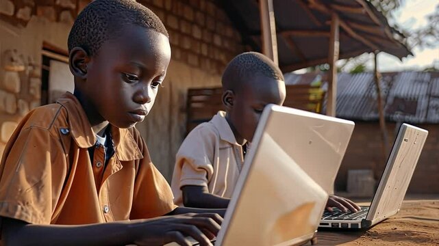 Digital Bridge: Two African children, engrossed in their studies, utilize laptops in a rural setting, symbolizing the transformative power of technology in bridging the digital divide. 