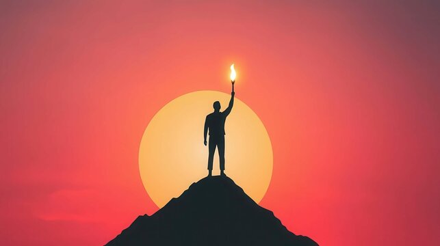 A silhouette of a person holding a lit torch at the top of a mountain, symbolizing leadership and the guiding light of success