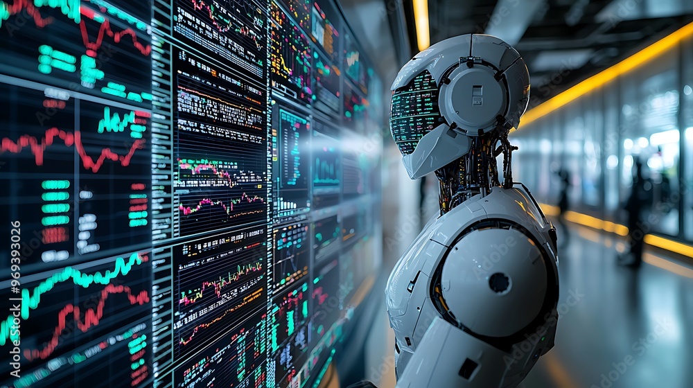 Poster an ai robot studies stock market data, its glowing screen filled with complex trends and numbers.