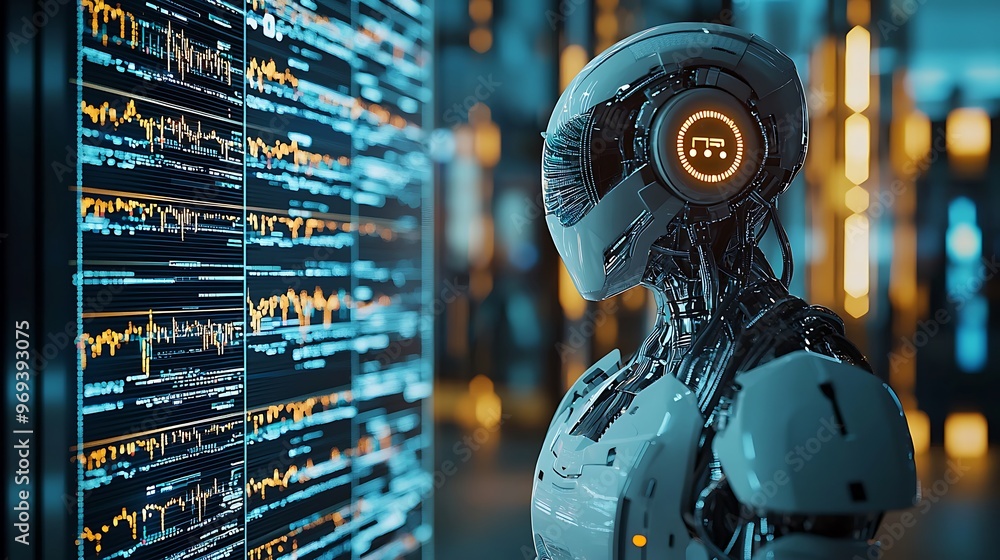 Poster a futuristic robot examines data on a glowing screen, its ai intelligence powering the insights.