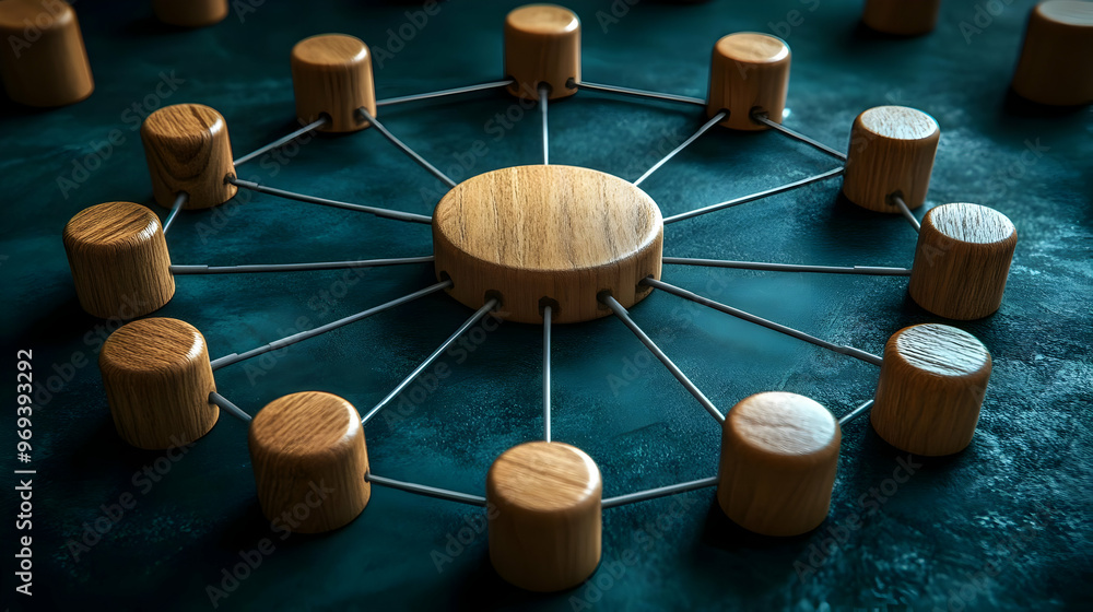 Poster a geometric arrangement of wooden pieces connected by strings, symbolizing networking.