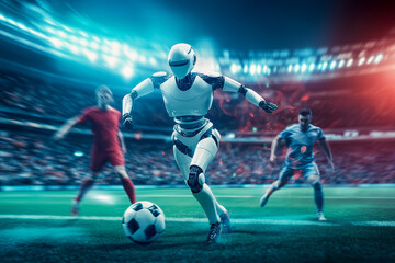 Robots and human compete in a thrilling soccer match in a high-tech futuristic stadium, demonstrating advanced AI and sports technology.