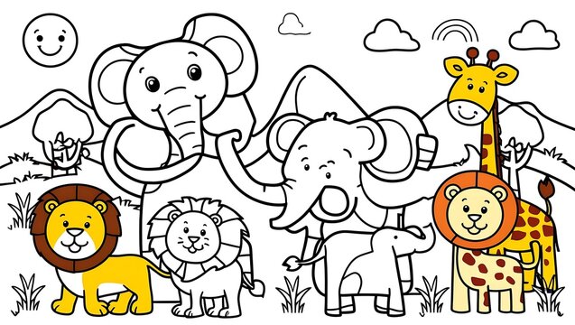 Each animal is depicted in a cute and approachable style, perfect for young children to explore their creativity while learning about the magnificent animals of the African savanna.