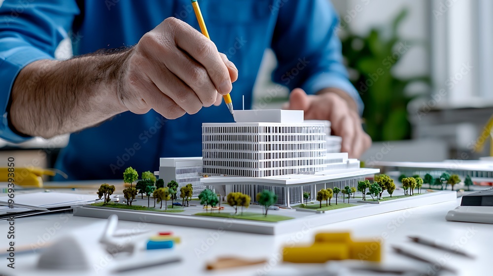 Poster an architect sketches a modern building model with a pencil, focused on every precise detail.