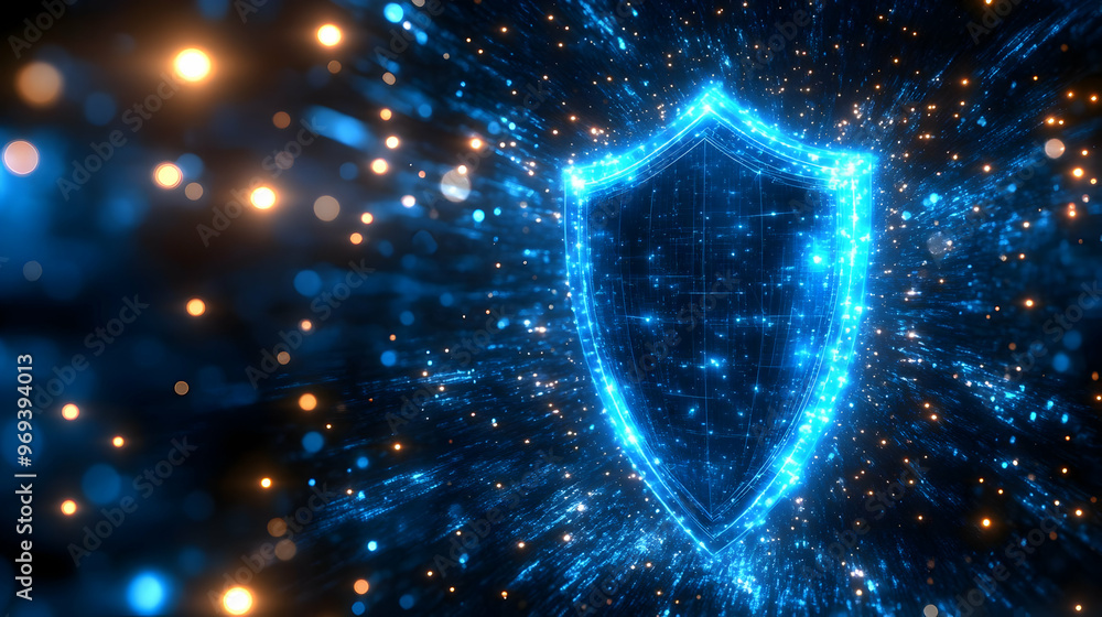 Poster a glowing blue shield surrounded by dynamic light particles, symbolizing protection and security.