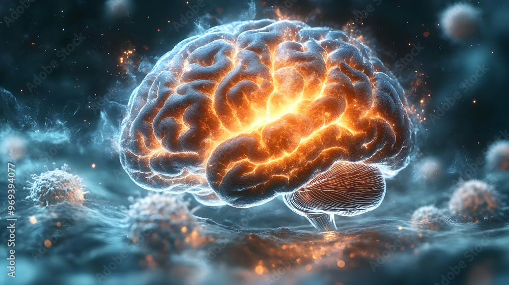 Poster a glowing brain illustration symbolizing neural activity and cellular dynamics.