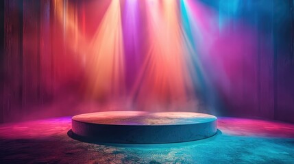 Vibrant spotlights shining on an illuminated theatrical stage with a colorful dynamic backdrop creating an atmosphere of energy excitement and captivating visual experience for the audience
