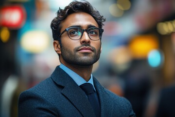 Obraz premium Visionary in the City: A young, confident businessman stands amidst the urban hustle, his gaze fixed on the bright lights and future possibilities.