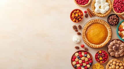 Thanksgiving office dessert table, featuring seasonal pies and treats Colleagues gather to share sweet moments, fostering a cozy, celebratory atmosphere