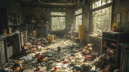 A room with a lot of toys and a clock on the wall