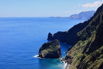 Stunning coastal landscape with clear blue waters and rugged cliffs, Madeira Island, Portugal