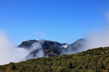 Mountain landscape with clouds and blue sk, Madeira Island, Portugal