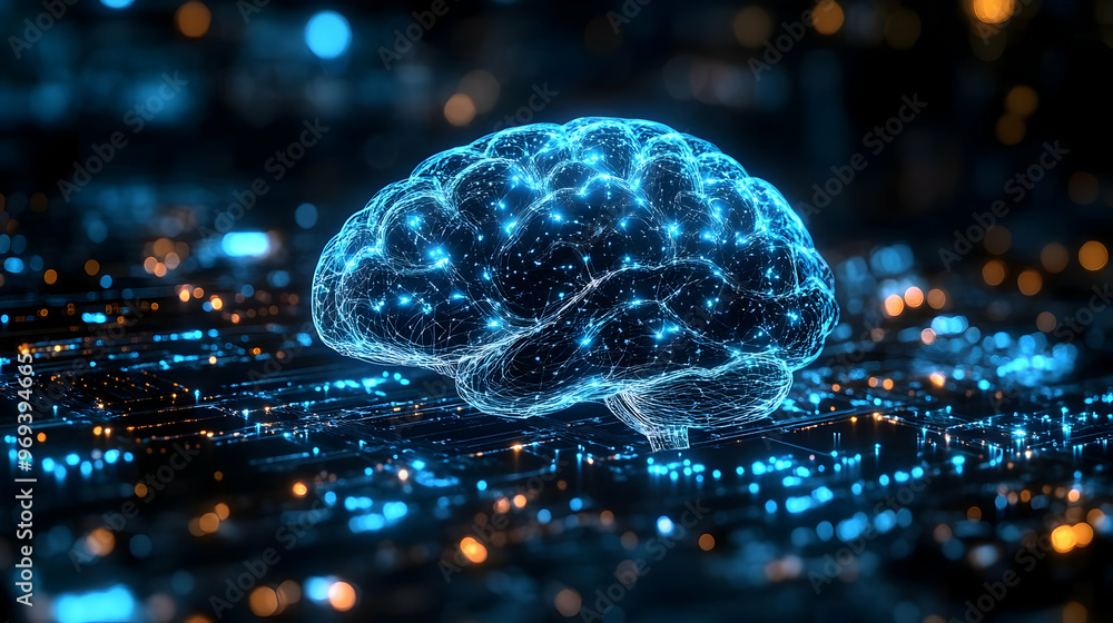 Poster a glowing digital brain over a circuit-like background, symbolizing technology and intelligence.