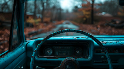 The Interior Old Car With Steering Wheel