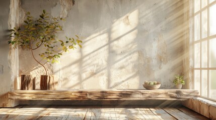 Peaceful and tranquil rustic interior space filled with soft natural light streaming through a large window showcasing lush potted plants weathered wood shelves and accents and a calming