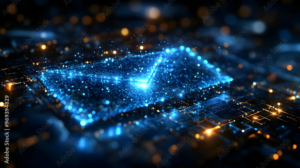 Poster a glowing digital envelope symbolizing electronic communication in a tech-inspired setting.