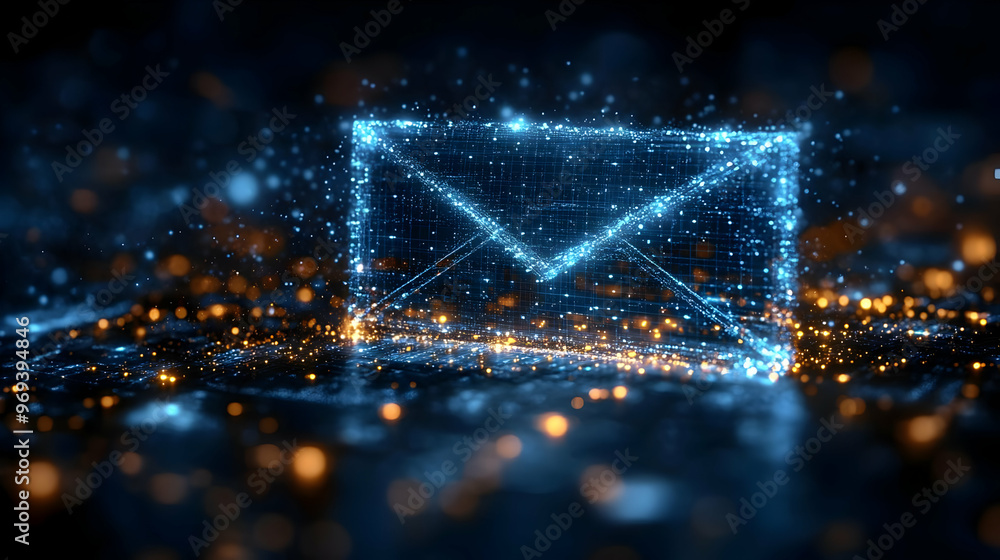 Poster a glowing digital envelope symbolizing email communication in a futuristic design.