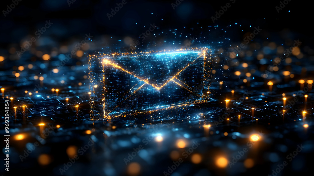 Poster a glowing digital envelope symbolizing email communication in a futuristic setting.