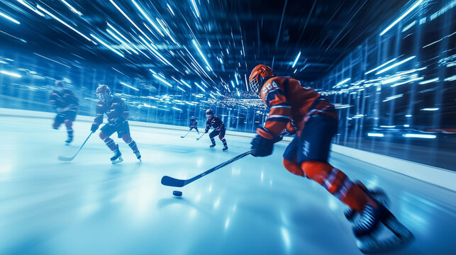 Dynamic close-up shot of a hockey puck on ice as players compete during a fast-paced hockey game in a stadium.