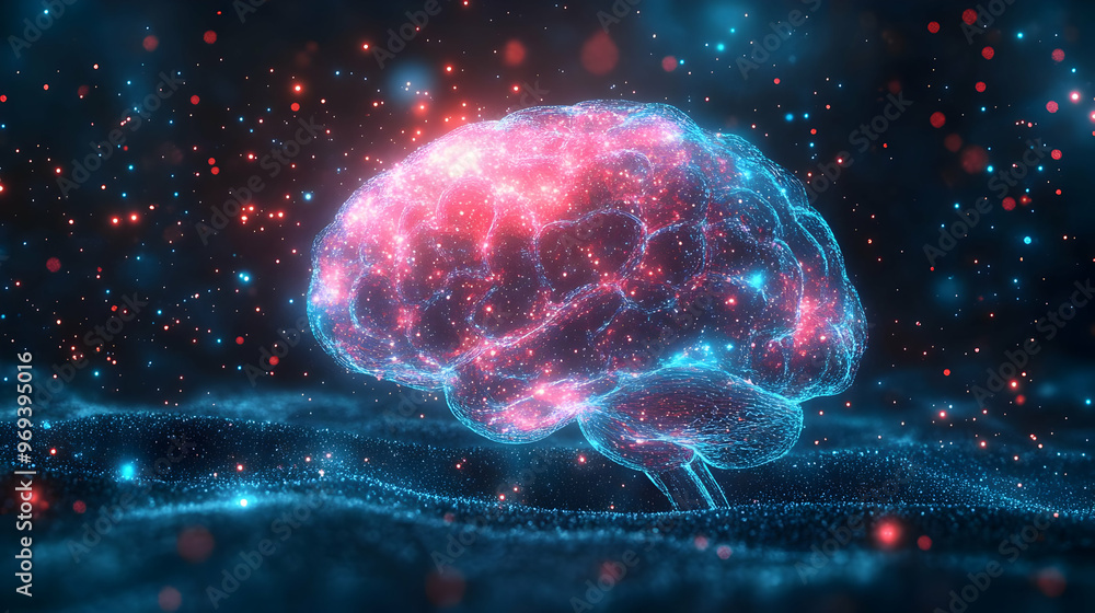 Poster a glowing digital representation of a brain surrounded by abstract particles.