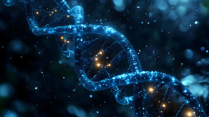 A glowing DNA double helix structure illuminated with particles in a dark background.