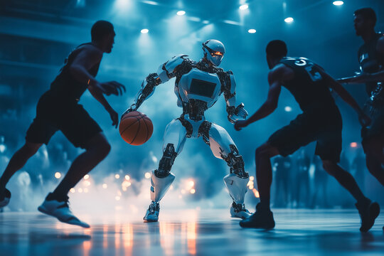 A robot competes with human players in an intense basketball match, showcasing advanced AI and robotics in modern sports.
