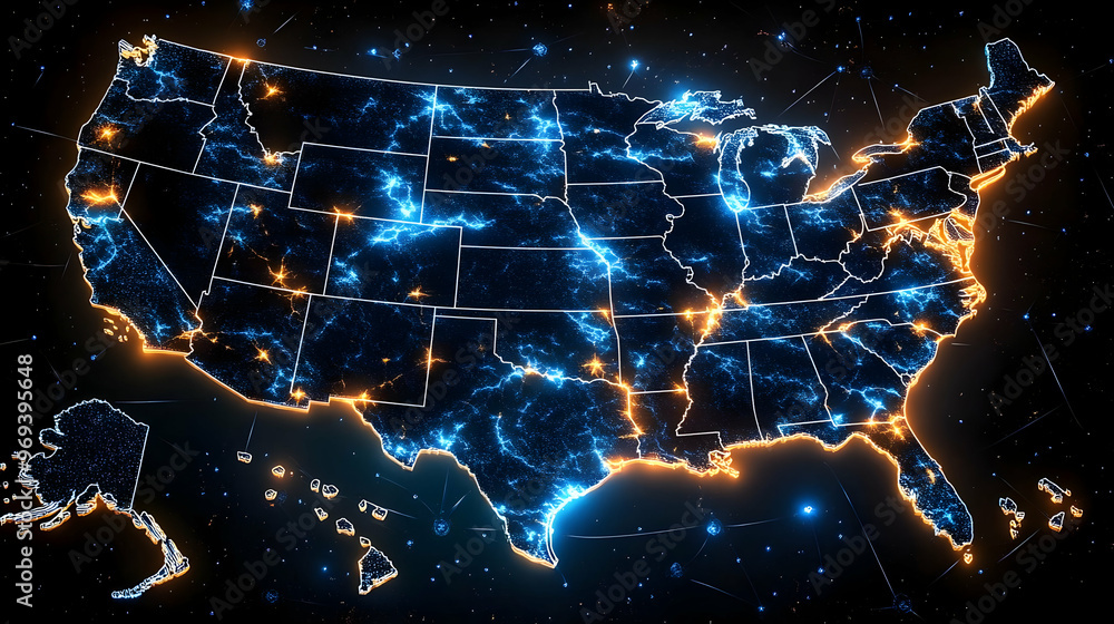 Poster a glowing map of the united states showcasing a network of connections and data flow.
