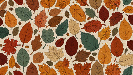 Repeating pattern of tiny, hand-drawn leaves and acorns