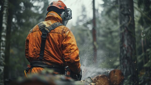 A man in an orange jacket is cutting down a tree with a chainsaw