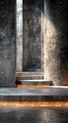 Weathered wooden staircase steps leading up into a dark grungy industrial interior with concrete walls beams and a mysterious atmospheric ambiance  The abandoned