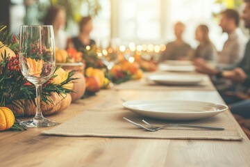 Obraz premium Thanksgiving workplace celebration with colleagues gathered around a decorated table
