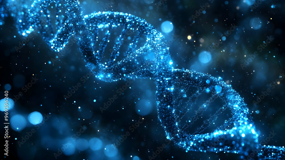 Poster a glowing representation of a dna double helix in a cosmic background.
